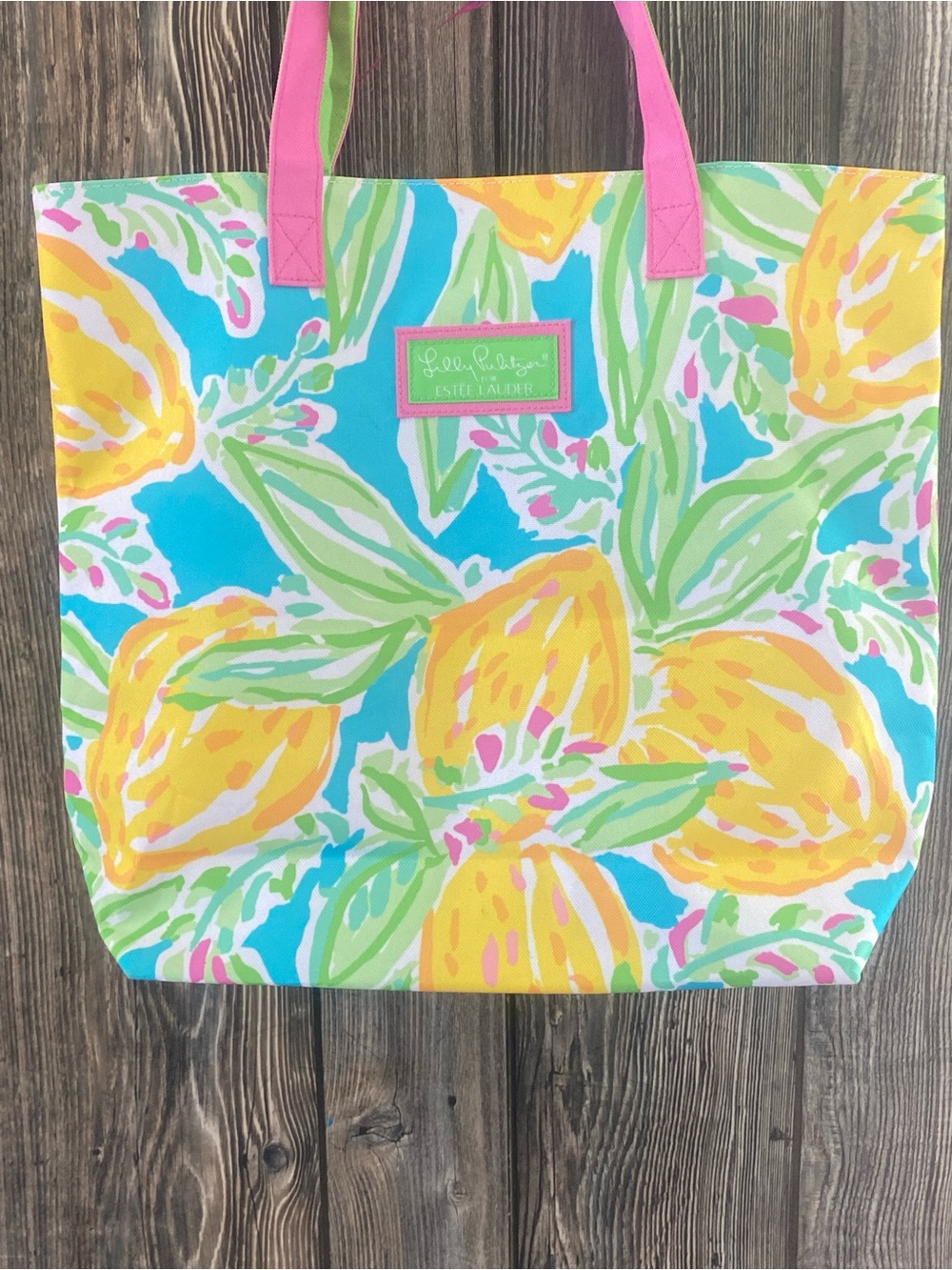 Lilly Pulitzer Yellow & Aqua Tropical Canvas Tote with Pink Handles